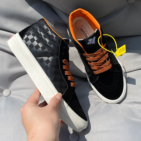 University Style Men’s Shoes Black Orange Plaid Mid-top Canvas