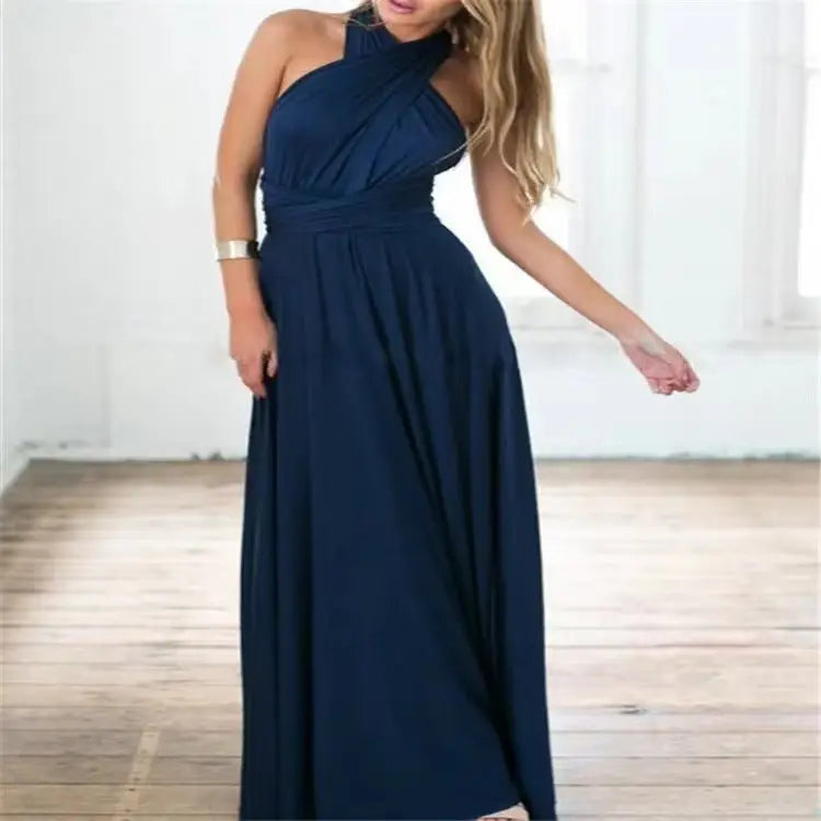 V-neck Long Dress Women Cross Strap Beauty Back Design Party Dresses - Navy blue / S - 4