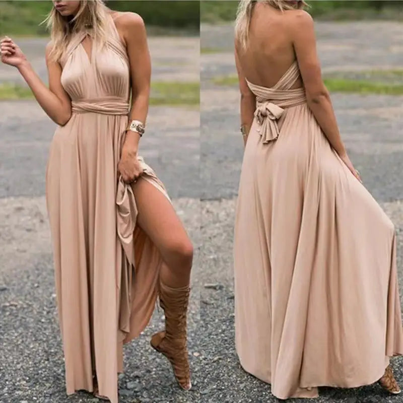 V-neck Long Dress Women Cross Strap Beauty Back Design Party Dresses - Khaki / S - 4