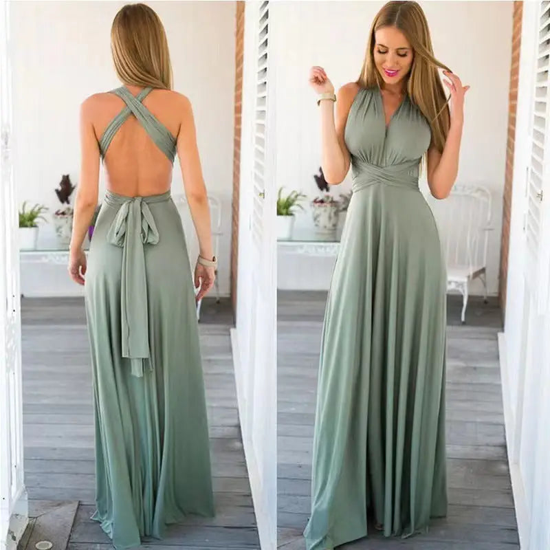 V-neck Long Dress Women Cross Strap Beauty Back Design Party Dresses - Graygreen / S - 4