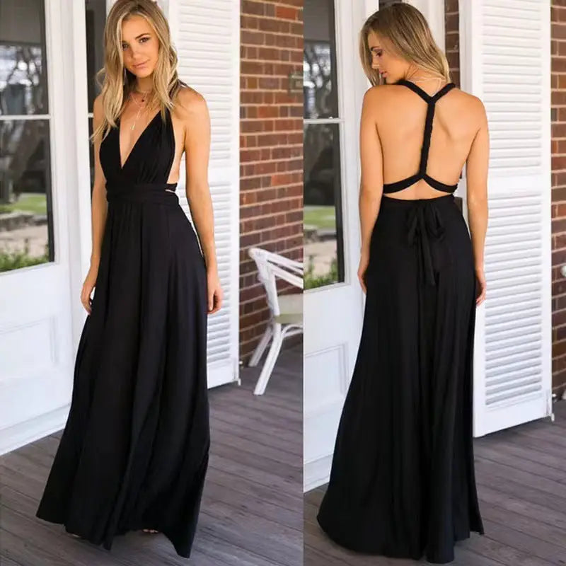 V-neck Long Dress Women Cross Strap Beauty Back Design Party Dresses - Black / S - 4