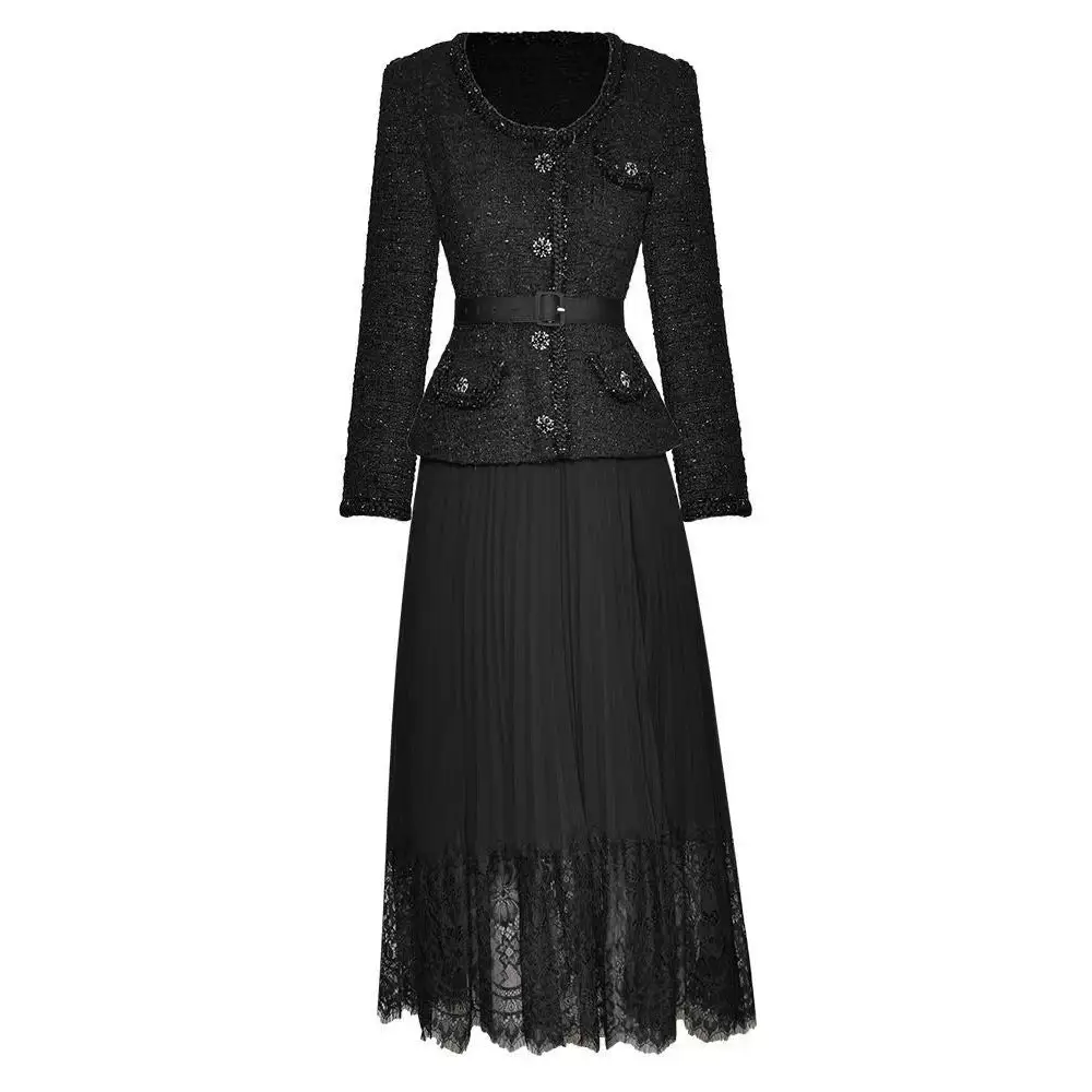 V-neck Long Sleeve Lace-up Cinched Patchwork Two-piece Dresses Women