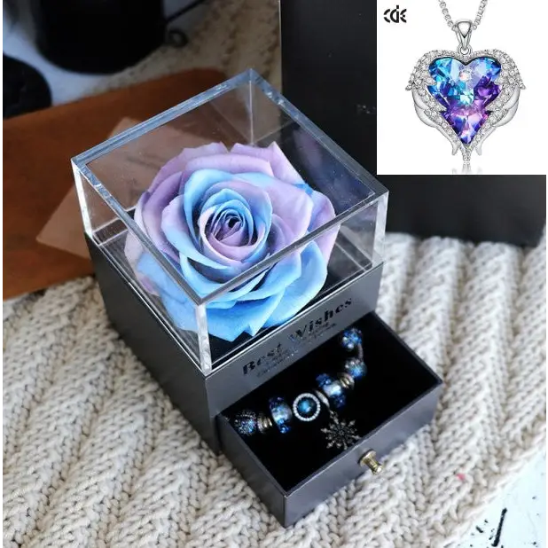 Valentines Day Gift Women Rose Jewelry Box Dried Flower Real Flowers Eternal Roses In Box - Blue / Purple