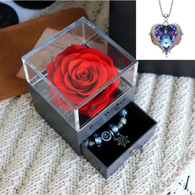 Valentines Day Gift Women Rose Jewelry Box Dried Flower Real Flowers Eternal Roses In Box - Red / Purple gold