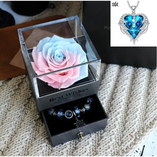 Valentines Day Gift Women Rose Jewelry Box Dried Flower Real Flowers Eternal Roses In Box - Pink blue / Blue