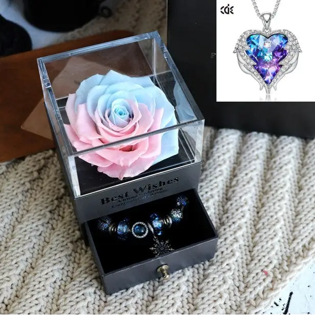 Valentines Day Gift Women Rose Jewelry Box Dried Flower Real Flowers Eternal Roses In Box - Pink blue / Purple