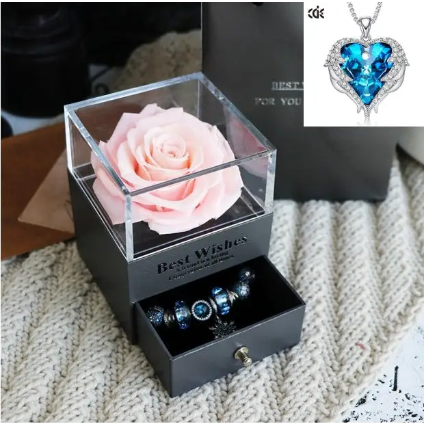 Valentines Day Gift Women Rose Jewelry Box Dried Flower Real Flowers Eternal Roses In Box - Pink / Blue