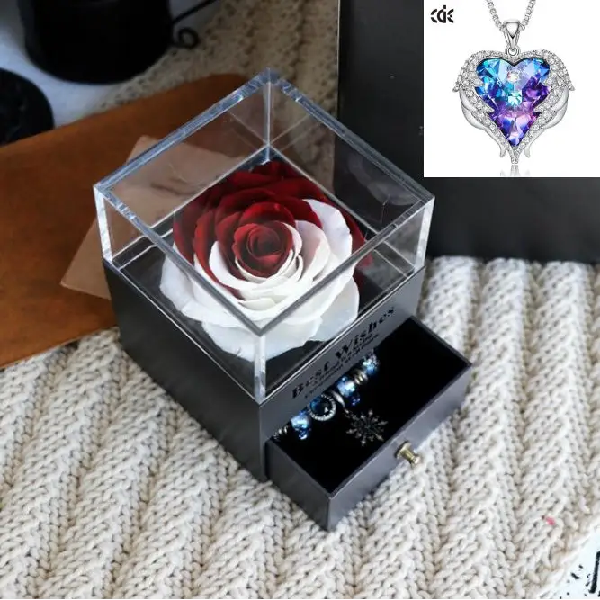 Valentines Day Gift Women Rose Jewelry Box Dried Flower Real Flowers Eternal Roses In Box - Red white / Purple