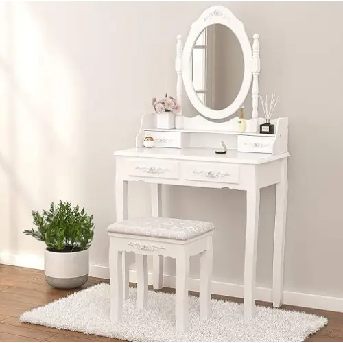 Vanity Table Set With 4 Drawer Makeup Dressing Table W Cushioned Stool Girls Women Bedroom Furniture Set Oval Mirror
