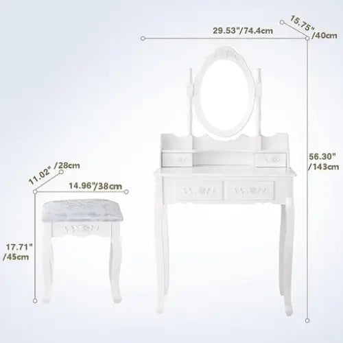 Vanity Table Set With 4 Drawer Makeup Dressing Table W Cushioned Stool Girls Women Bedroom Furniture Set Oval Mirror