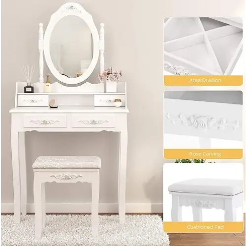Vanity Table Set With 4 Drawer Makeup Dressing Table W Cushioned Stool Girls Women Bedroom Furniture Set Oval Mirror