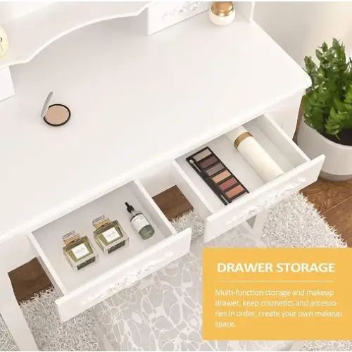 Vanity Table Set With 4 Drawer Makeup Dressing Table W Cushioned Stool Girls Women Bedroom Furniture Set Oval Mirror