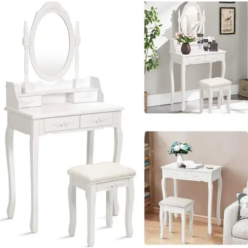 Vanity Table Set With 4 Drawer Makeup Dressing Table W Cushioned Stool Girls Women Bedroom Furniture Set Oval Mirror
