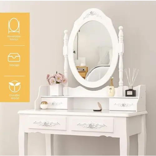 Vanity Table Set With 4 Drawer Makeup Dressing Table W Cushioned Stool Girls Women Bedroom Furniture Set Oval Mirror