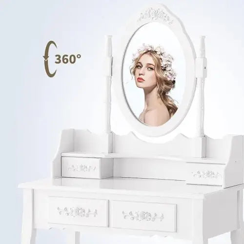 Vanity Table Set With 4 Drawer Makeup Dressing Table W Cushioned Stool Girls Women Bedroom Furniture Set Oval Mirror
