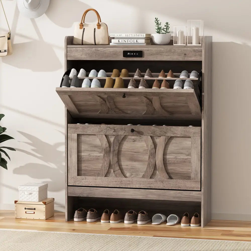 VFF Deodorizing Shoe Storage Cabinet With 2 Flip Drawers,LED Touchsreen Freestanding Grey - Grey - 5