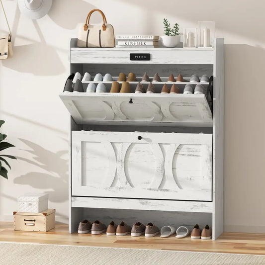 VFF Deodorizing Shoe Storage Cabinet With 2 Flip Drawers,LED Touchsreen Freestanding White - White - 5