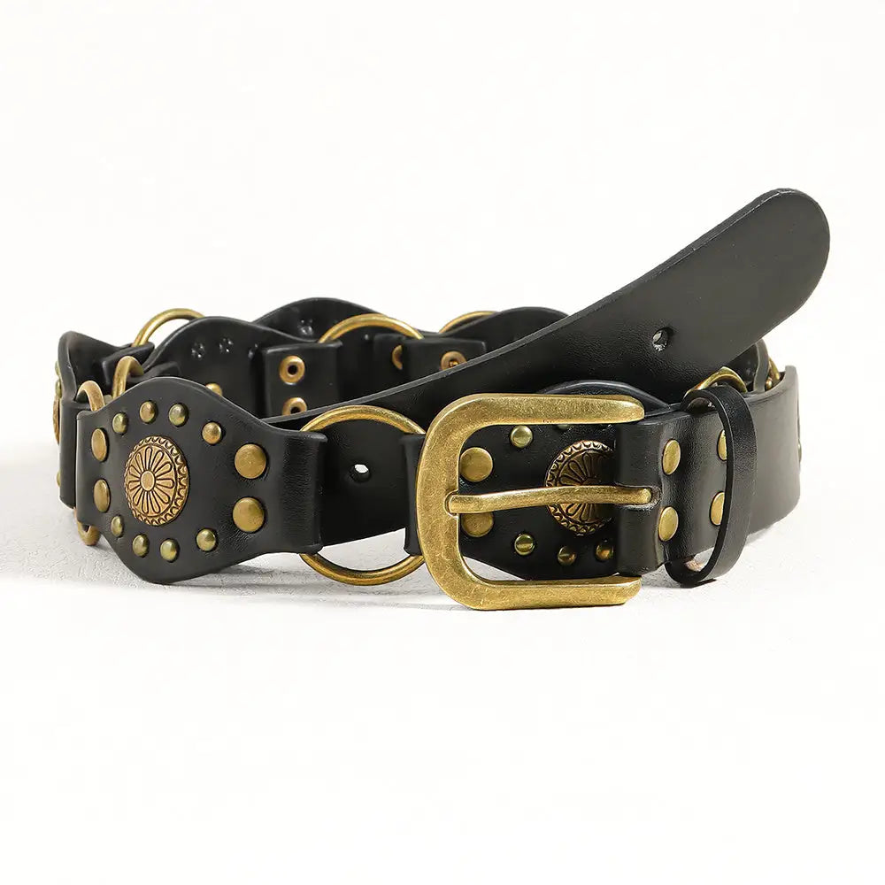 Vintage Belts For Both Men And Women With Handsome Riveted Metal Buckle Punk Hip Hop Fashion Accessories - GOLD BLACK