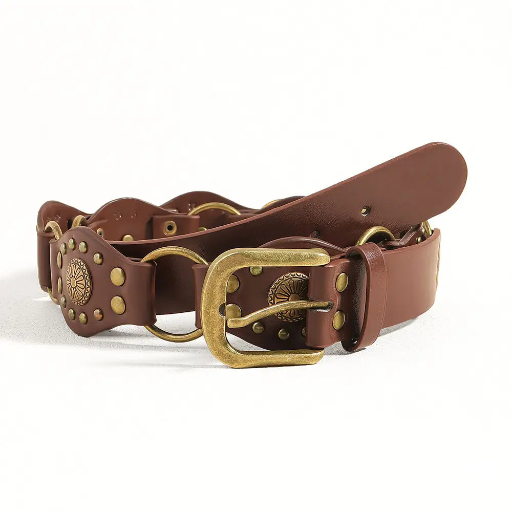 Vintage Belts For Both Men And Women With Handsome Riveted Metal Buckle Punk Hip Hop Fashion Accessories - GOLD RED