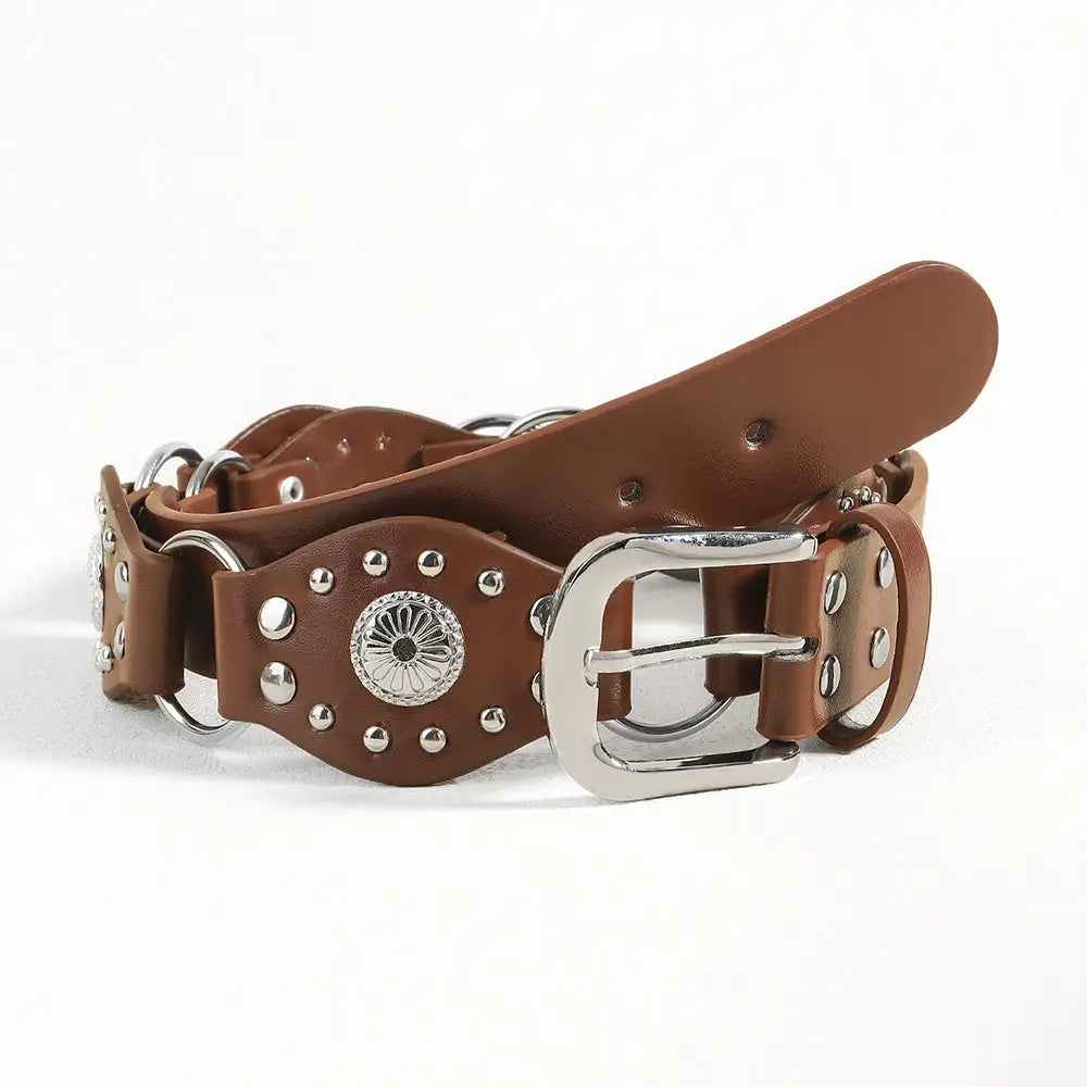 Vintage Belts For Both Men And Women With Handsome Riveted Metal Buckle Punk Hip Hop Fashion Accessories - SILVER RED