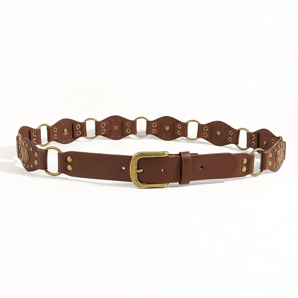 Vintage Belts For Both Men And Women With Handsome Riveted Metal Buckle Punk Hip Hop Fashion Accessories - GOLD RED