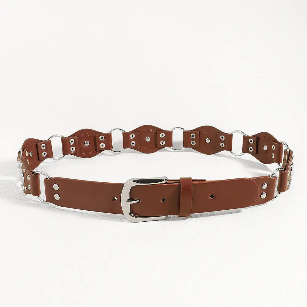 Vintage Belts For Both Men And Women With Handsome Riveted Metal Buckle Punk Hip Hop Fashion Accessories - SILVER RED