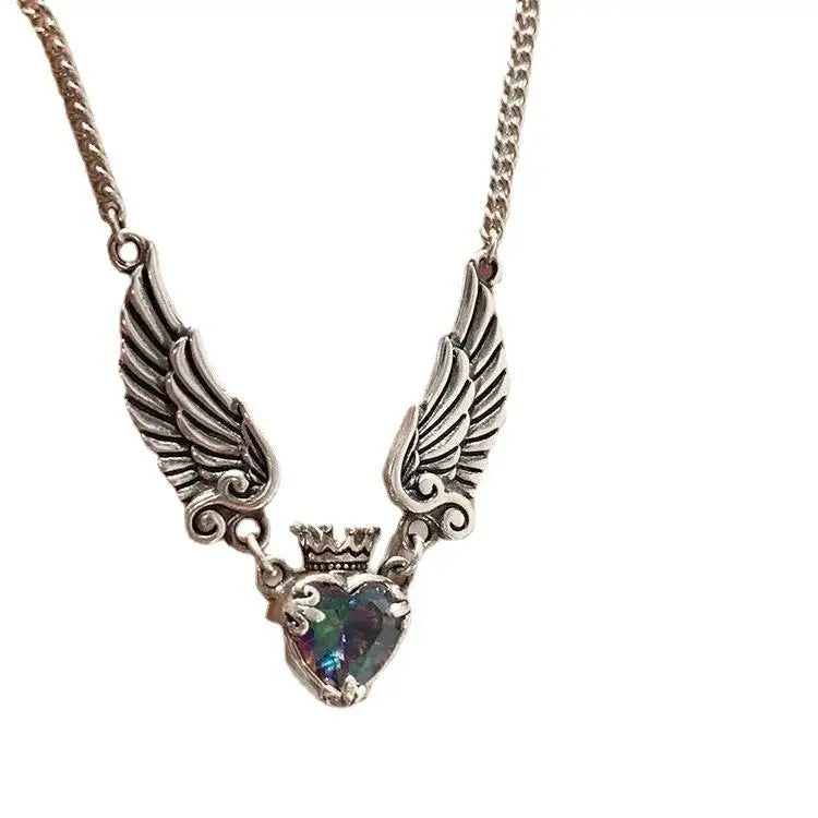 Vintage Gothic Heart Crown Angel Wings Pendant Necklaces For Women Fashion Exquisite Love Shape Clavicle Chain Choker