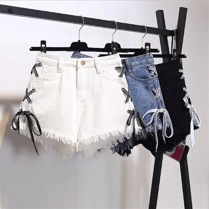 Vintage Snowflake Inelastic Women Denim Shorts With high Waist Straps Tassel Female Summer Shorts For Women's jeans Beyond Trends Hub