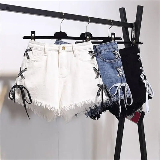 Vintage Snowflake Inelastic Women Denim Shorts With high Waist Straps Tassel Female Summer Shorts For Women's jeans Beyond Trends Hub