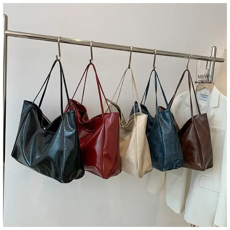 Vintage Women’s Tote Bag Athletic Casual Fashion Large Capacity Leather Shoulder Bag Shopper Harajuku Simple Handbag
