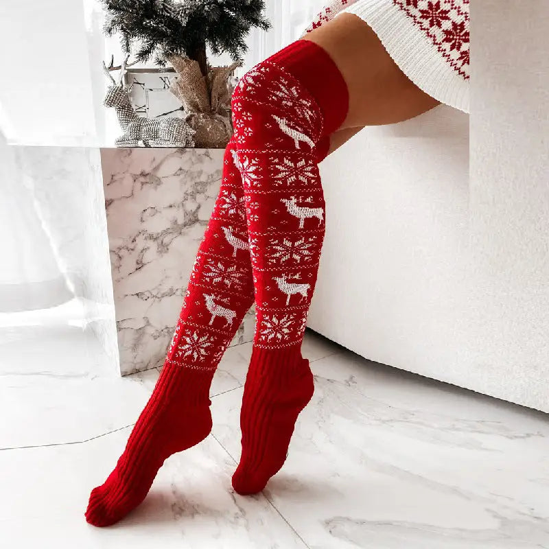 Winter Christmas Warm Knitted Women Stocking Beautiful Elk Snowflake Jacquard Over-the-knee Casual Long Socks For Ladies Gifts Free Size Beyond Trends Hub