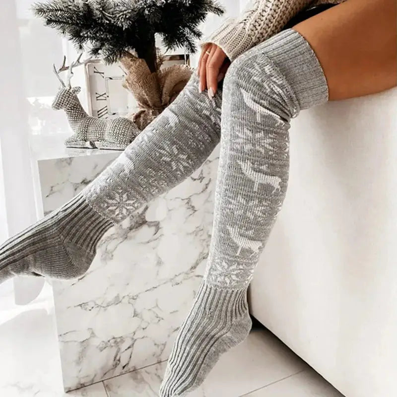 Winter Christmas Warm Knitted Women Stocking Beautiful Elk Snowflake Jacquard Over-the-knee Casual Long Socks For Ladies Gifts Free Size Beyond Trends Hub