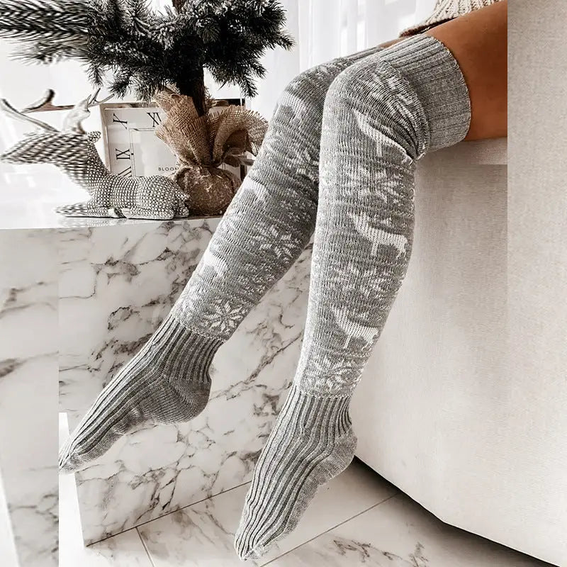 Winter Christmas Warm Knitted Women Stocking Beautiful Elk Snowflake Jacquard Over-the-knee Casual Long Socks For Ladies Gifts Free Size Beyond Trends Hub