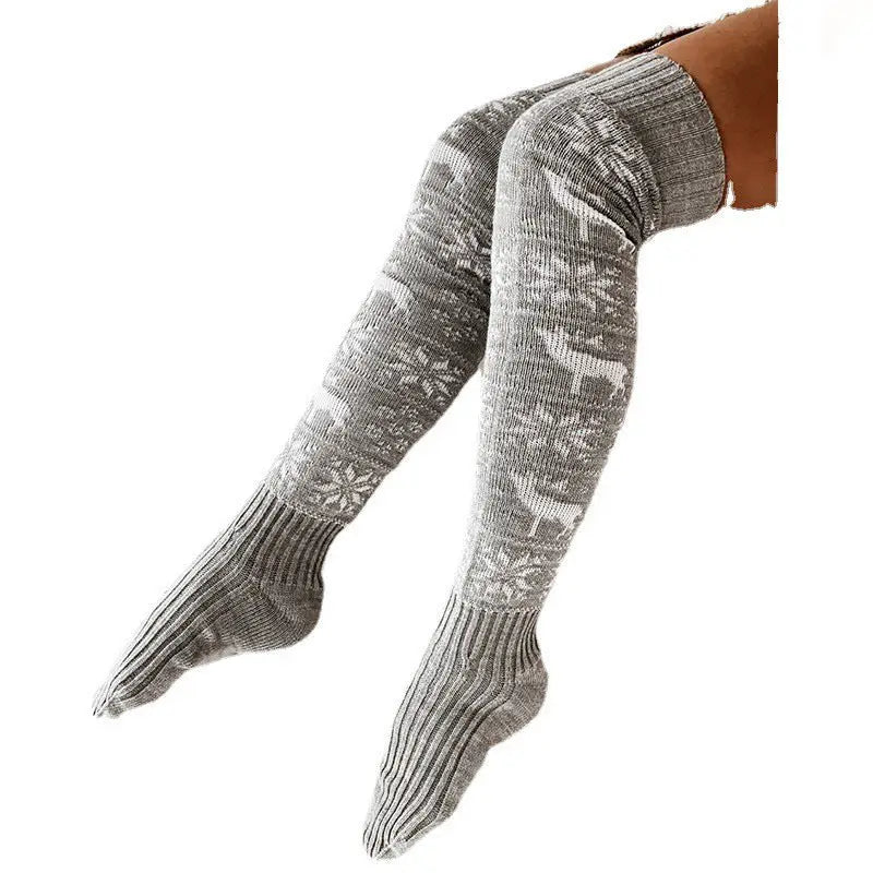 Winter Christmas Warm Knitted Women Stocking Beautiful Elk Snowflake Jacquard Over-the-knee Casual Long Socks For Ladies Gifts Free Size Beyond Trends Hub