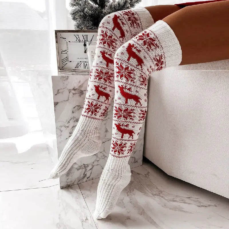 Winter Christmas Warm Knitted Women Stocking Beautiful Elk Snowflake Jacquard Over-the-knee Casual Long Socks For Ladies Gifts Free Size Beyond Trends Hub