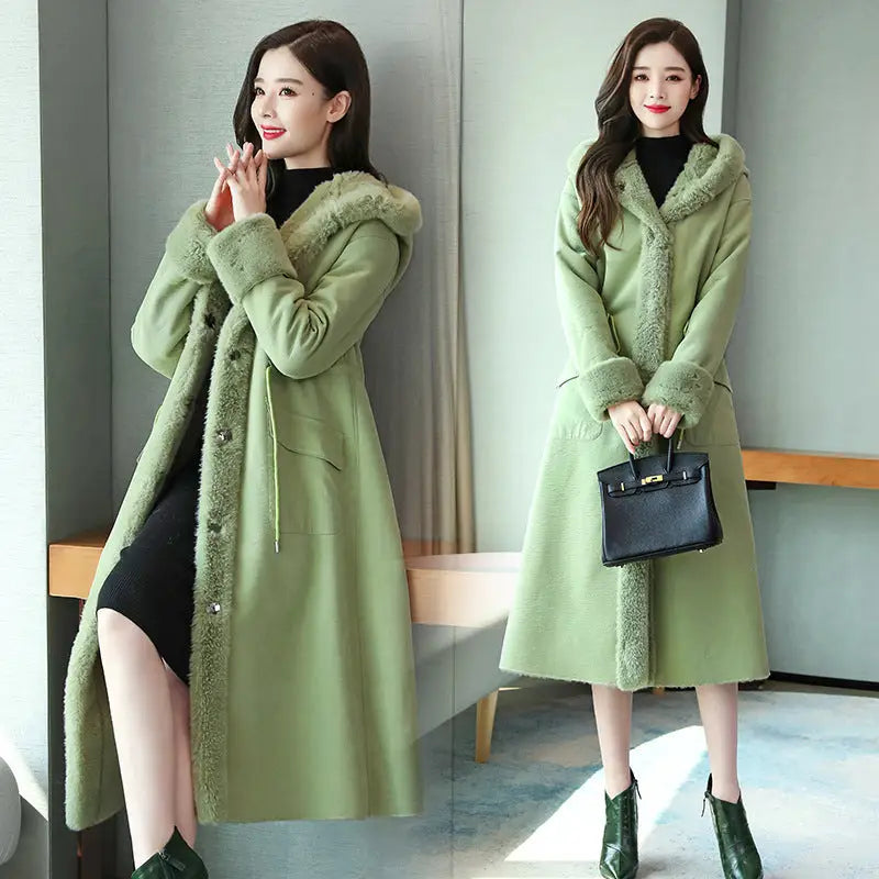 Winter Cotton-padded Jacket Fur Coat Women - Green / 2XL