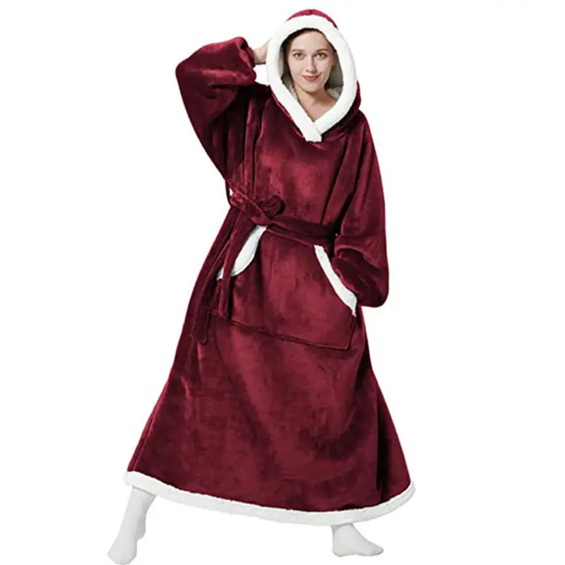 Winter Hoodie Blanket With Button Design Warm Home Clothes Women Men Oversized Pullover - Red / One size