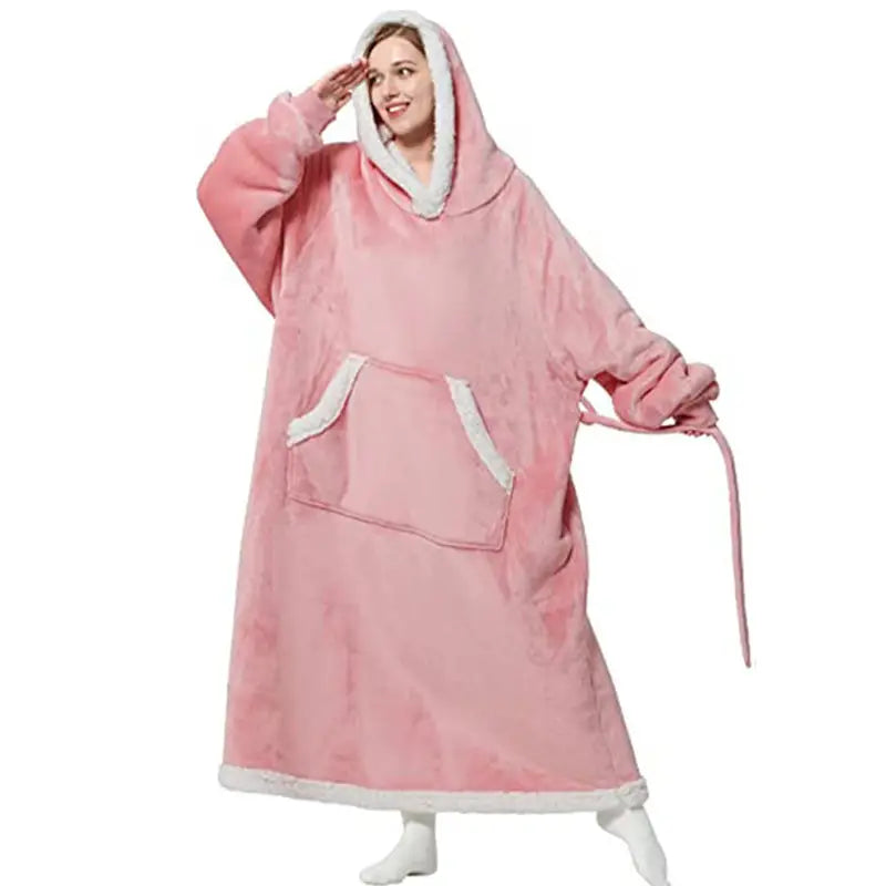 Winter Hoodie Blanket With Button Design Warm Home Clothes Women Men Oversized Pullover - Pink / One size