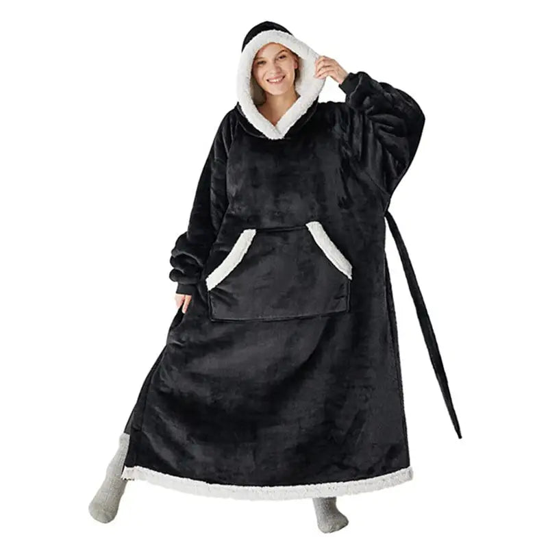 Winter Hoodie Blanket With Button Design Warm Home Clothes Women Men Oversized Pullover - Black / One size