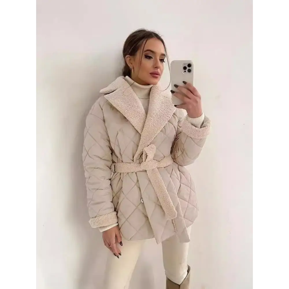 Winter Lapel Plaid Coat Fashion All-match Waist-tied Design Coat For Women Outwear Clothing - 4