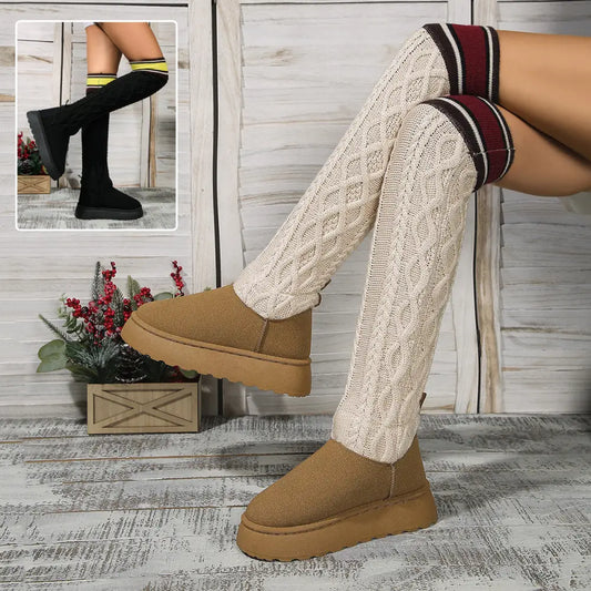 Winter Over-the-knee Boots With Long Knitted Sock Design Fashion Flat Thick-soled Shoes For Women Casual Warm Long Boot Beyond Trends Hub
