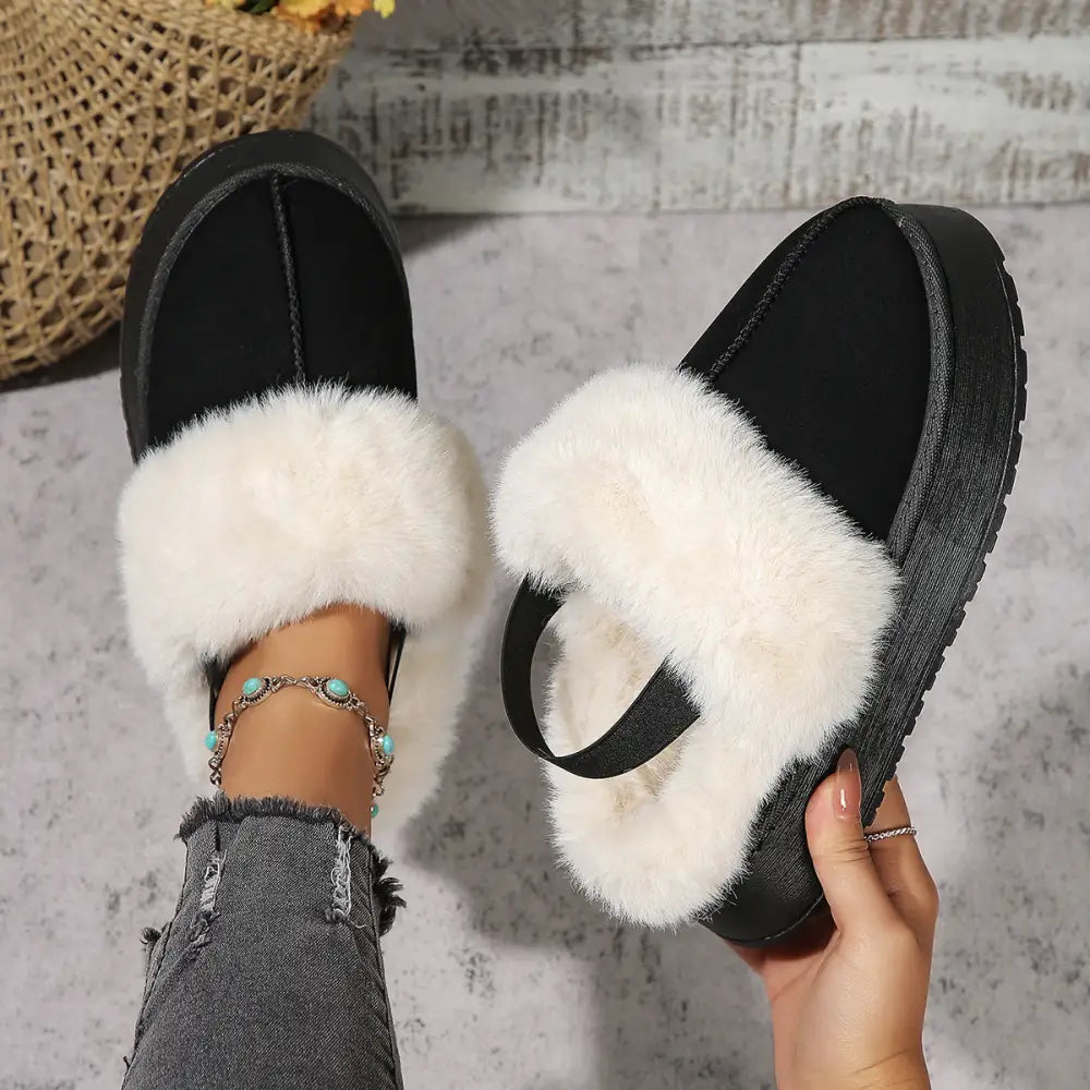 Winter Plush Home Slippers With Back-heeled Elastic Band Design Fashion Round Toe Flat Garden Shoes Warm Floor Slipper For Women Beyond Trends Hub