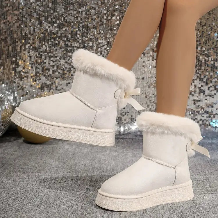 Winter Snow Boots With Bowknot Fashion Round Toe Flat Thickened Suede Cotton Shoes For Women Casual Warm Plush Short Boot Beyond Trends Hub