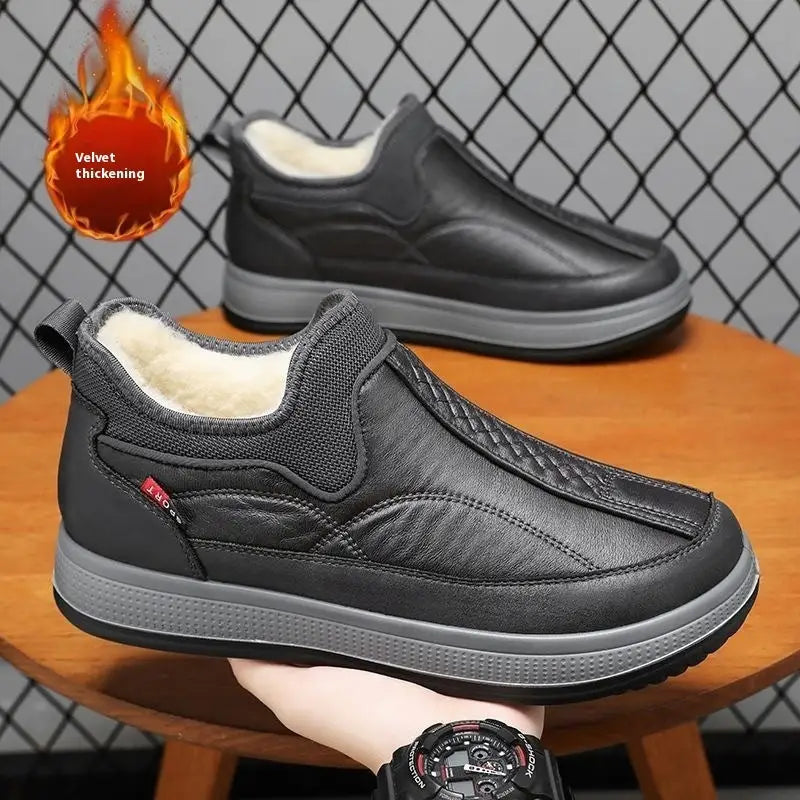 Winter Warm Fleece Snow Boots Round-toed Platform Ankle Boot Fashion Simple Non-slip Flat Cotton Shoes Men - Grey