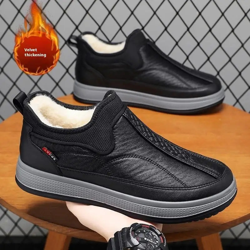 Winter Warm Fleece Snow Boots Round-toed Platform Ankle Boot Fashion Simple Non-slip Flat Cotton Shoes Men - Black