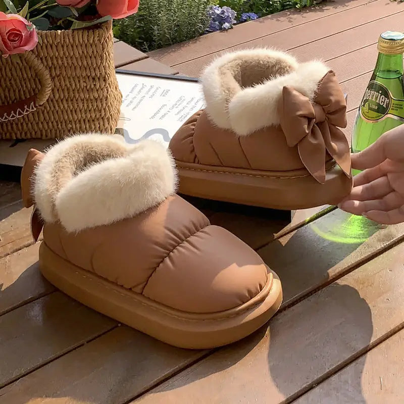 Winter Women Cute Warm Ankle Boots Outdoor Non-slip Thick Sole Snow Boots Furry Bow Cotton Shoes Men Pu Waterproof Plush Boots Beyond Trends Hub