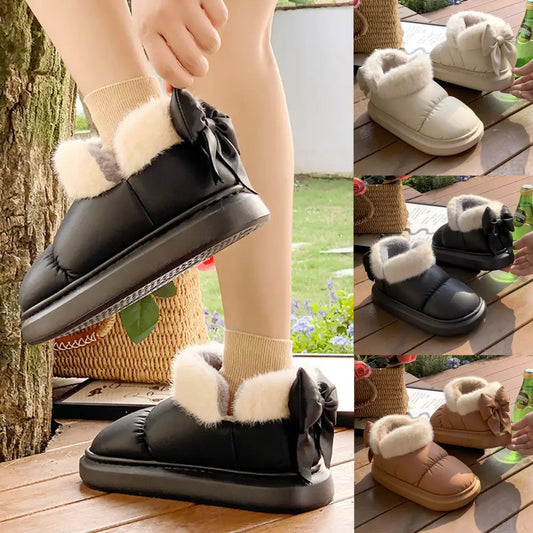 Winter Women Cute Warm Ankle Boots Outdoor Non-slip Thick Sole Snow Boots Furry Bow Cotton Shoes Men Pu Waterproof Plush Boots Beyond Trends Hub