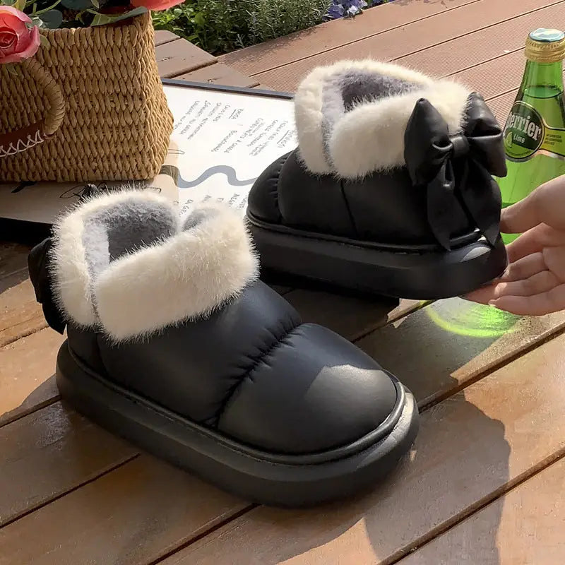 Winter Women Cute Warm Ankle Boots Outdoor Non-slip Thick Sole Snow Boots Furry Bow Cotton Shoes Men Pu Waterproof Plush Boots Beyond Trends Hub