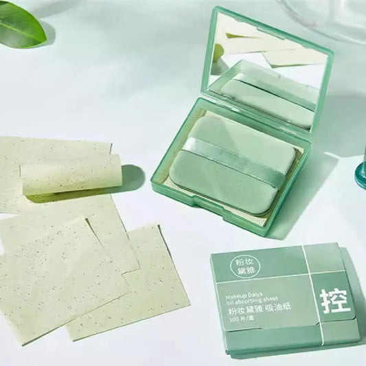 With Powder Puff Mirror Face Oil-absorbing Sheets Green Tea Linen Suede Oil Absorption - Beyond Trends Hub 
