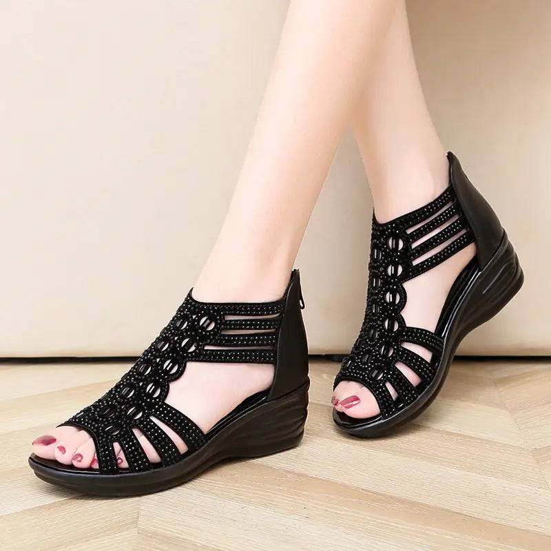 Woman Sandals Women Cyrstal Comfortable Pumps Ladies Fashion Wedges Female Rome Bling Hollow Out Shoes Women’s Zip